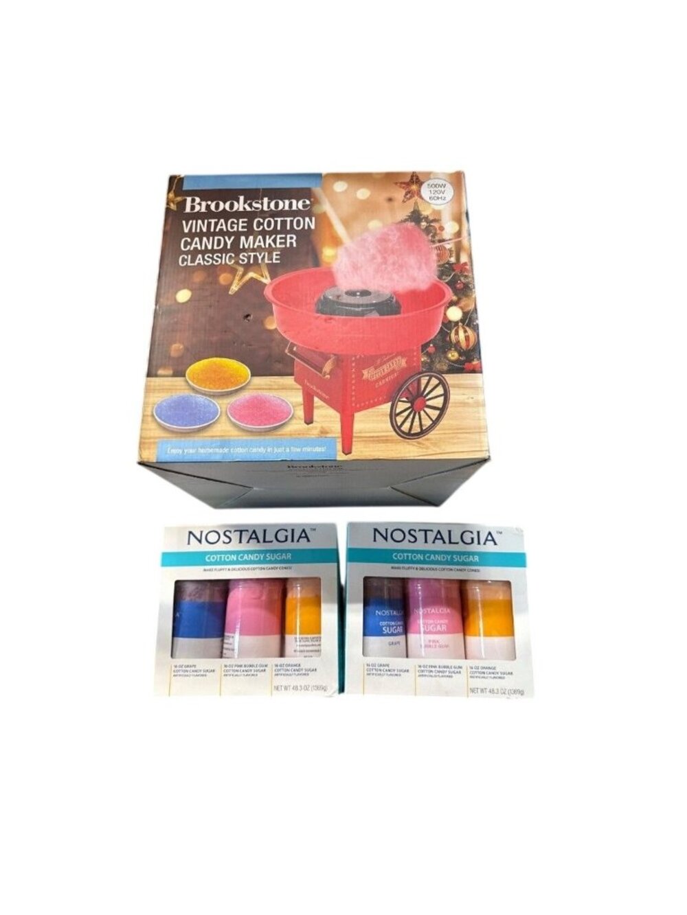 Brookstone Vintage Cotton Candy Maker + Nostalgia Sugar Kit 6 Bottles New in Box